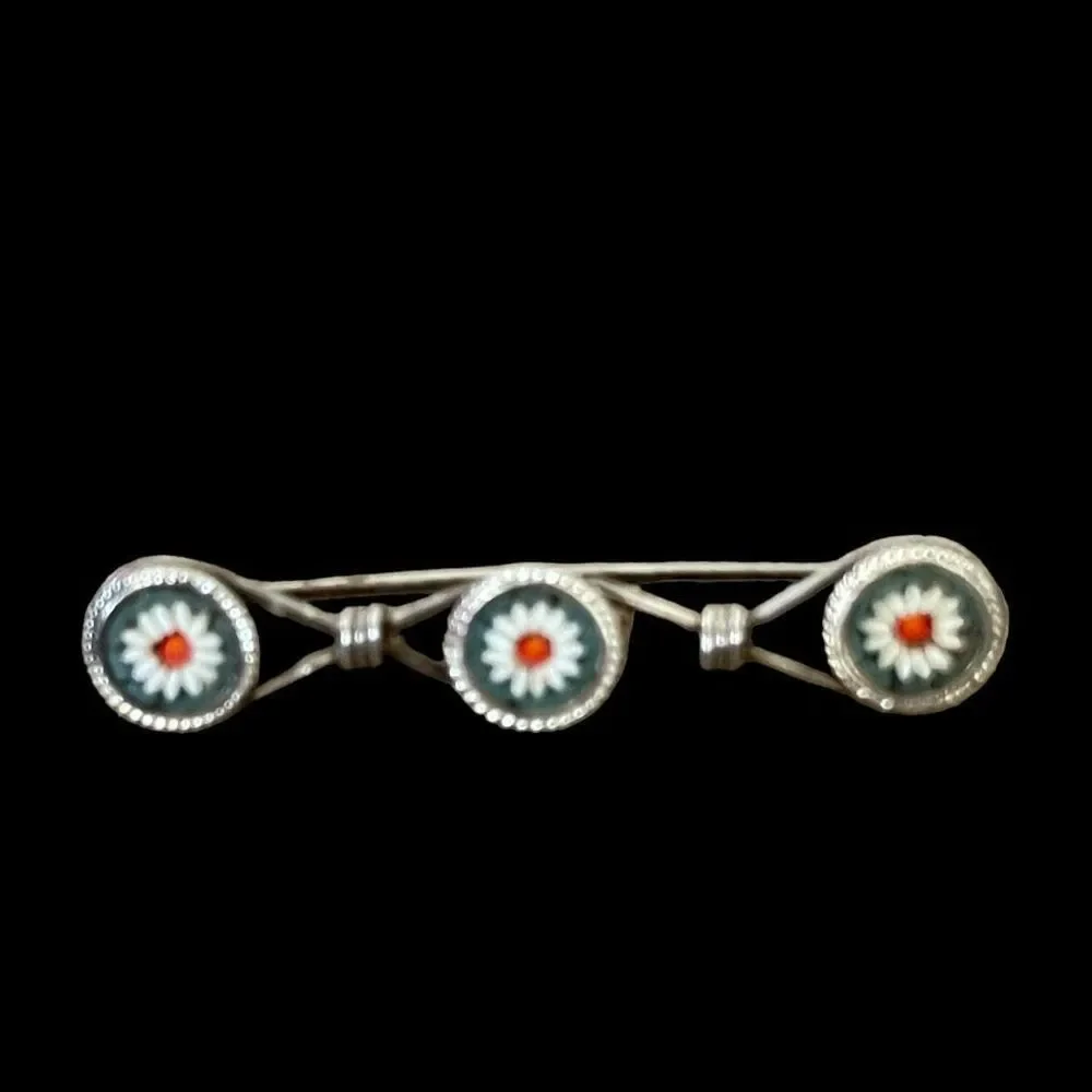 Vintage Micro Mosaic Circular Bar Pin Brooch Silver Tone 1.5” L Red White Blue